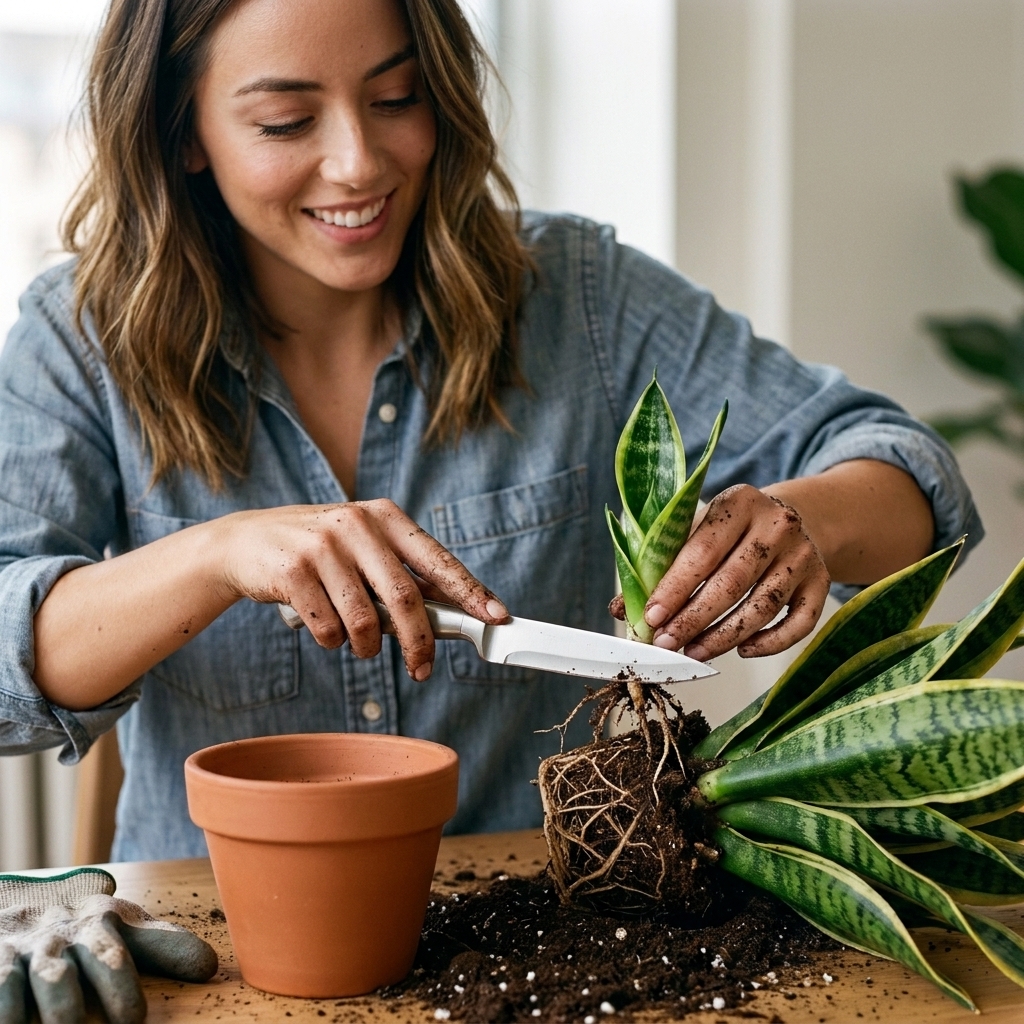A snake plant pup with roots being separated from the mother plant on a table with a clean knife