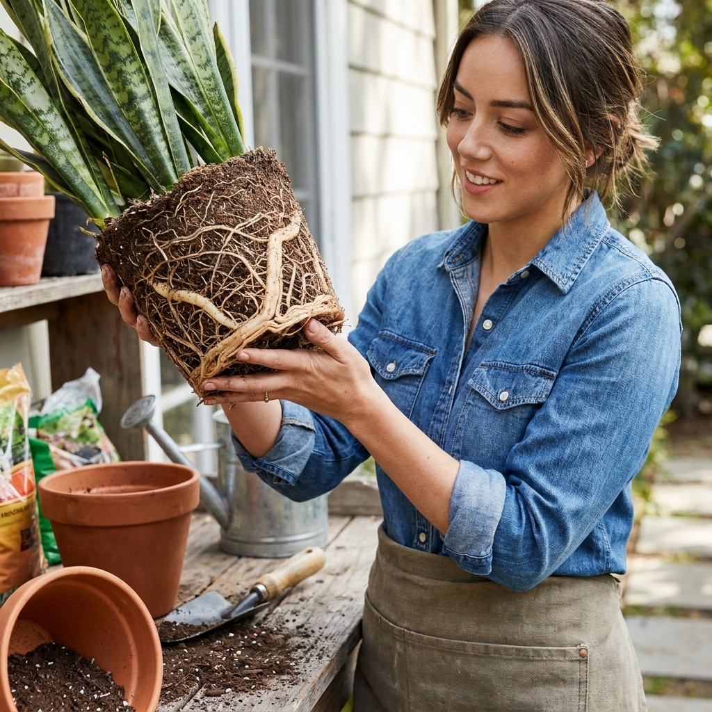 A snake plant root ball held above a potting bench, showing tightly circling roots and thick pale rhizomes before repotting