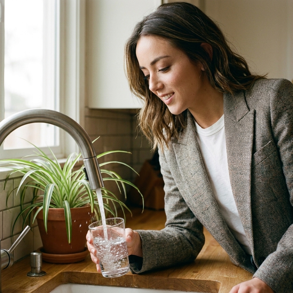 A spider plant beside a glass being filled from a faucet, showing a typical watering setup