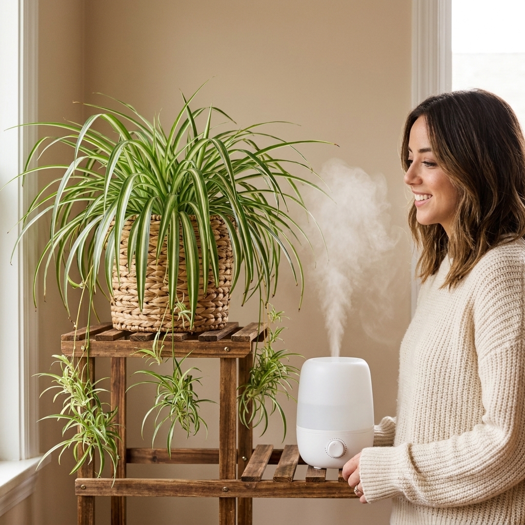 A spider plant on a plant stand with a small humidifier nearby releasing a light mist