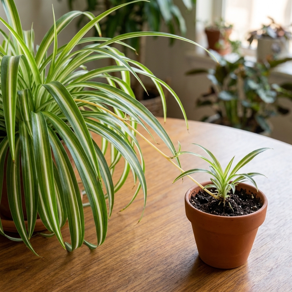 A spider plant runner with a baby plantlet placed into a small nursery pot of soil beside the mother plant