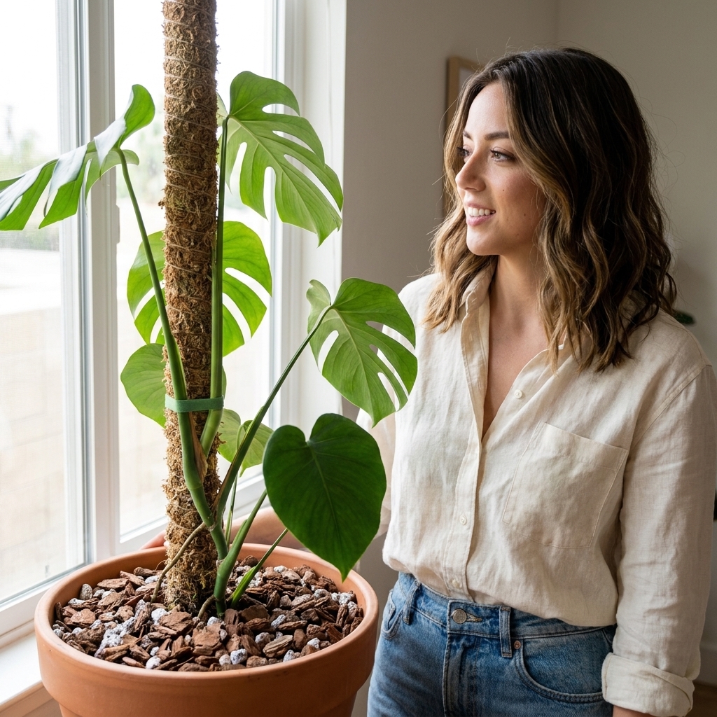 A tall Monstera deliciosa attached to a moss pole in a terracotta pot filled with chunky bark and pumice potting mix near a bright window