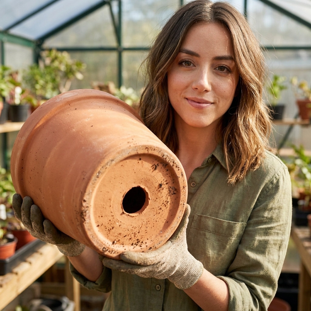 A terracotta plant pot being held upside down to show a large drainage hole and dry, breathable clay texture