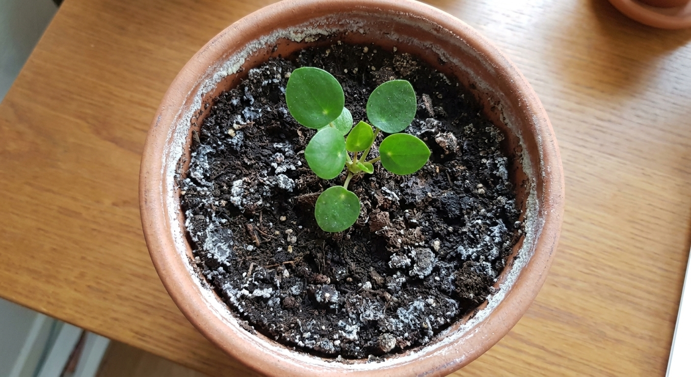 A top-down photo of a houseplant pot showing a thin white crust on the soil surface near the rim, typical of mineral or fertilizer salt buildup