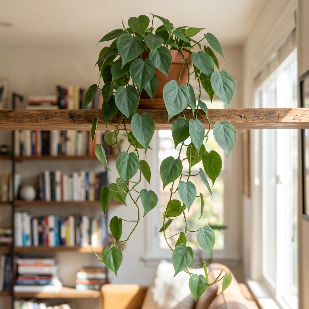 A trailing heartleaf philodendron vine hanging from a shelf in a bright indoor living room, with matte green heart-shaped leaves cascading downward