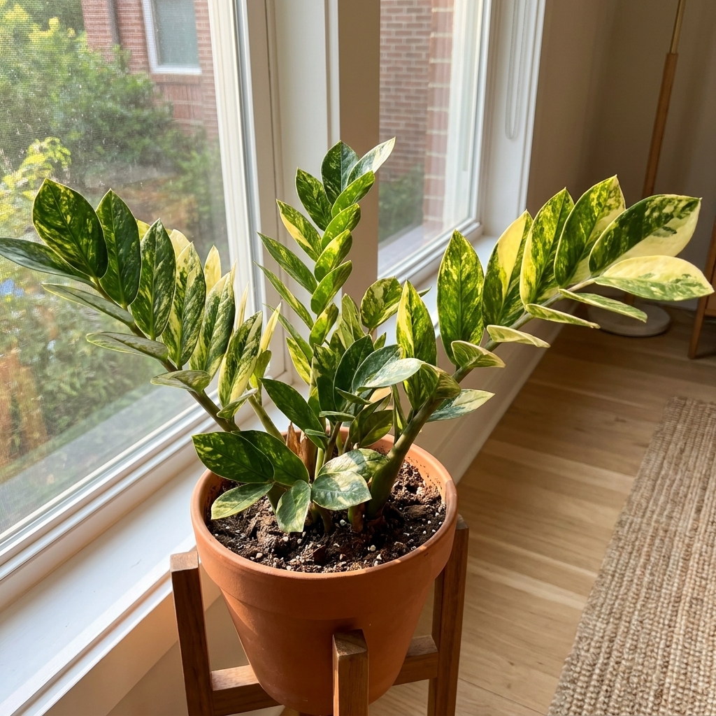 A variegated ZZ plant with green and creamy yellow marbled leaves in a nursery pot on an indoor plant stand near a bright window