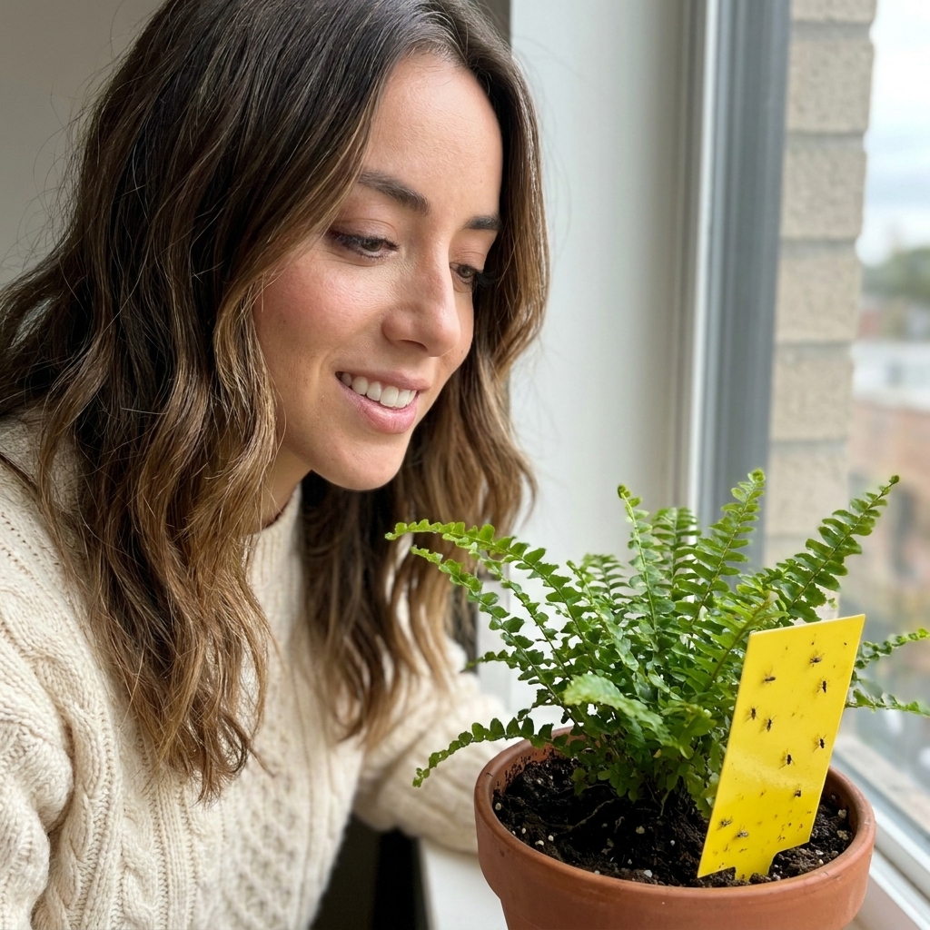 A yellow sticky trap inserted into the potting soil of a small indoor plant on a windowsill, with a few tiny gnats stuck to it