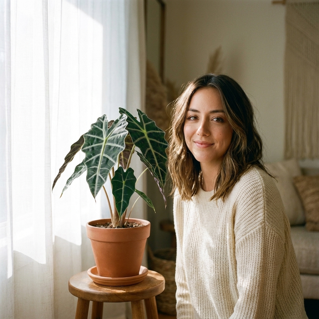 An Alocasia Polly placed a few feet away from a large window with a sheer curtain, showing bright indirect light hitting the leaves