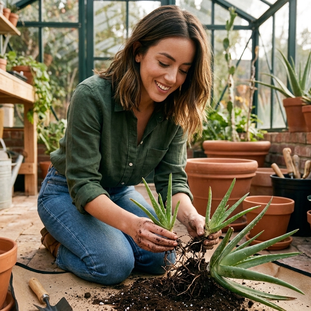 An aloe vera plant removed from its pot with two small pups being gently separated at the roots