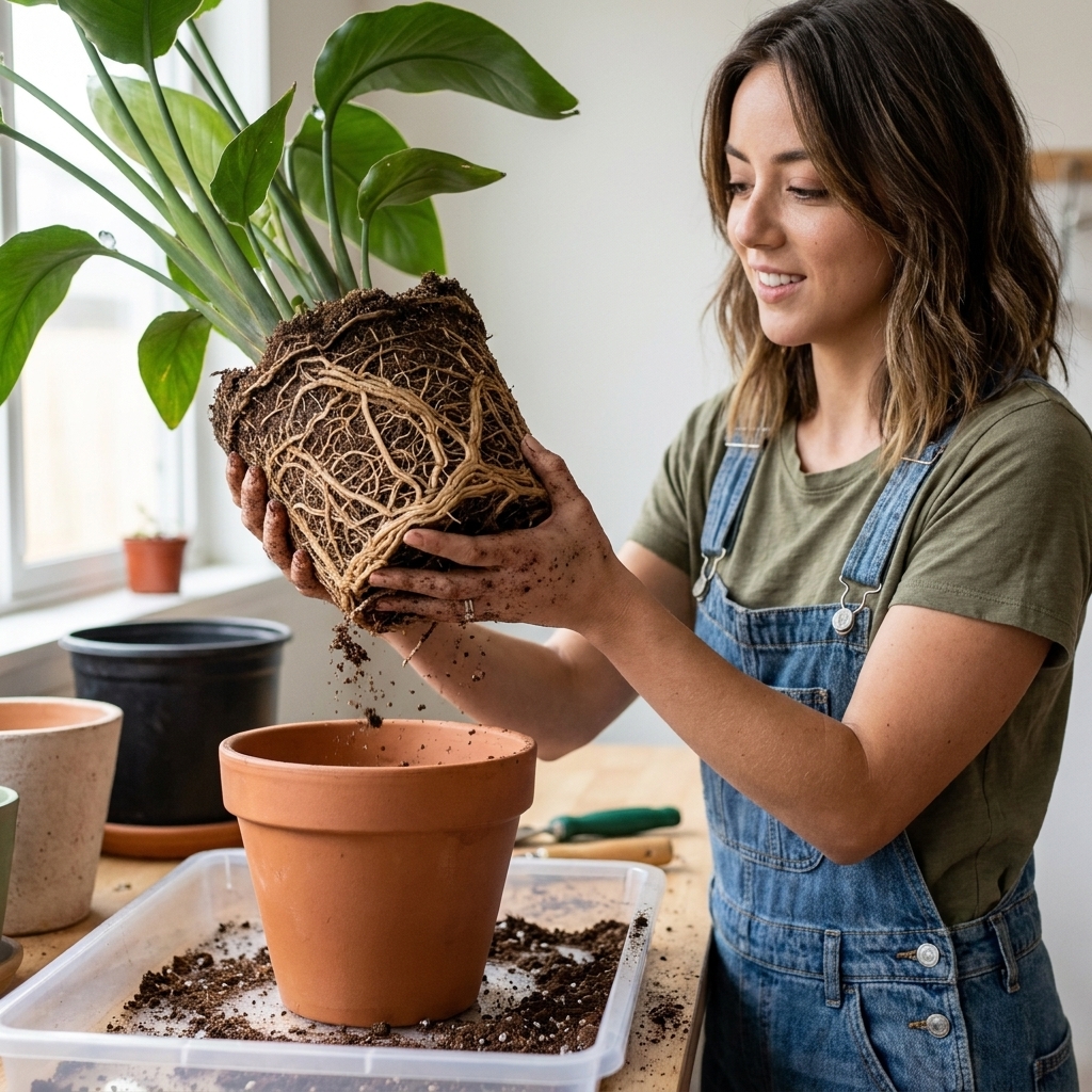 An indoor plant root ball held above a pot, showing mostly firm light-colored roots with loose soil falling away onto a tray