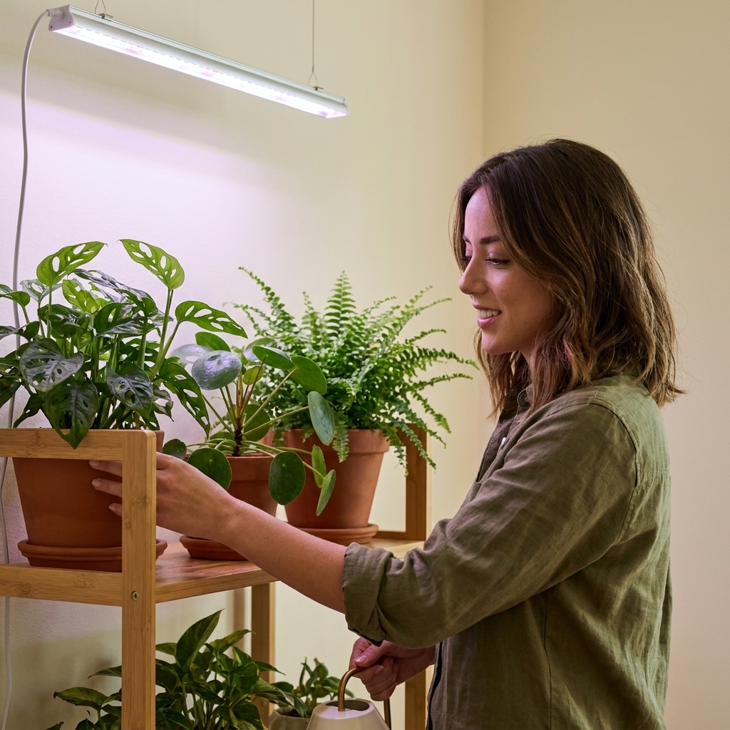 An indoor plant shelf lit by a simple LED grow light bar with several leafy houseplants underneath