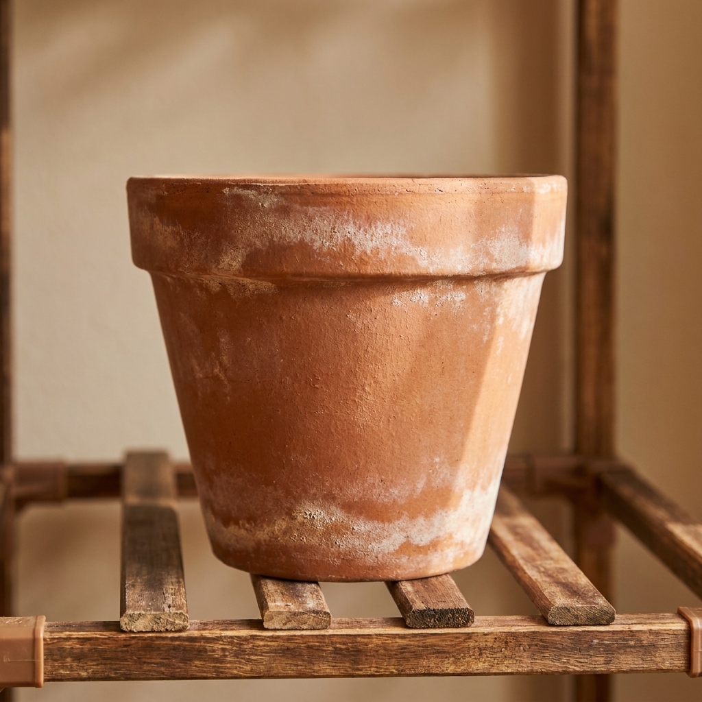 An unglazed terracotta pot with light white mineral deposits near the rim and base, sitting on a wooden plant shelf