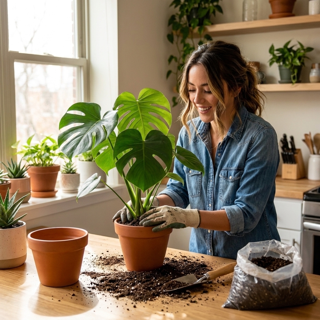 Chloe Bennett repotting a leafy houseplant on a kitchen table with potting mix, gloves, and a terracotta pot, natural window light