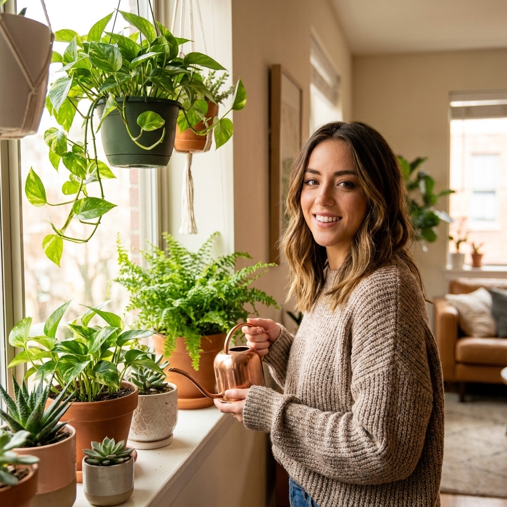 Chloe Bennett smiling next to a bright windowsill filled with healthy houseplants, holding a small watering can in a cozy apartment living room