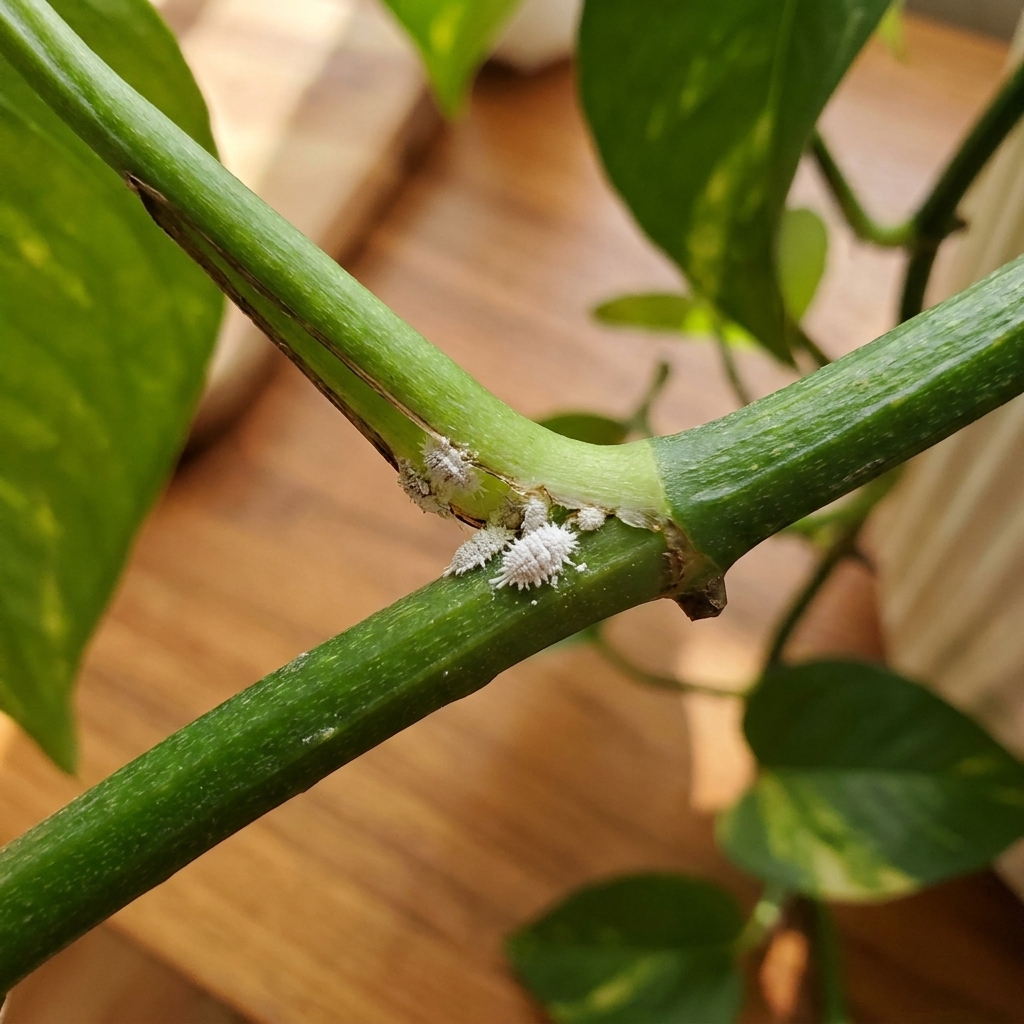Close-up of a pothos stem node with small white cottony mealybugs clustered near the leaf base