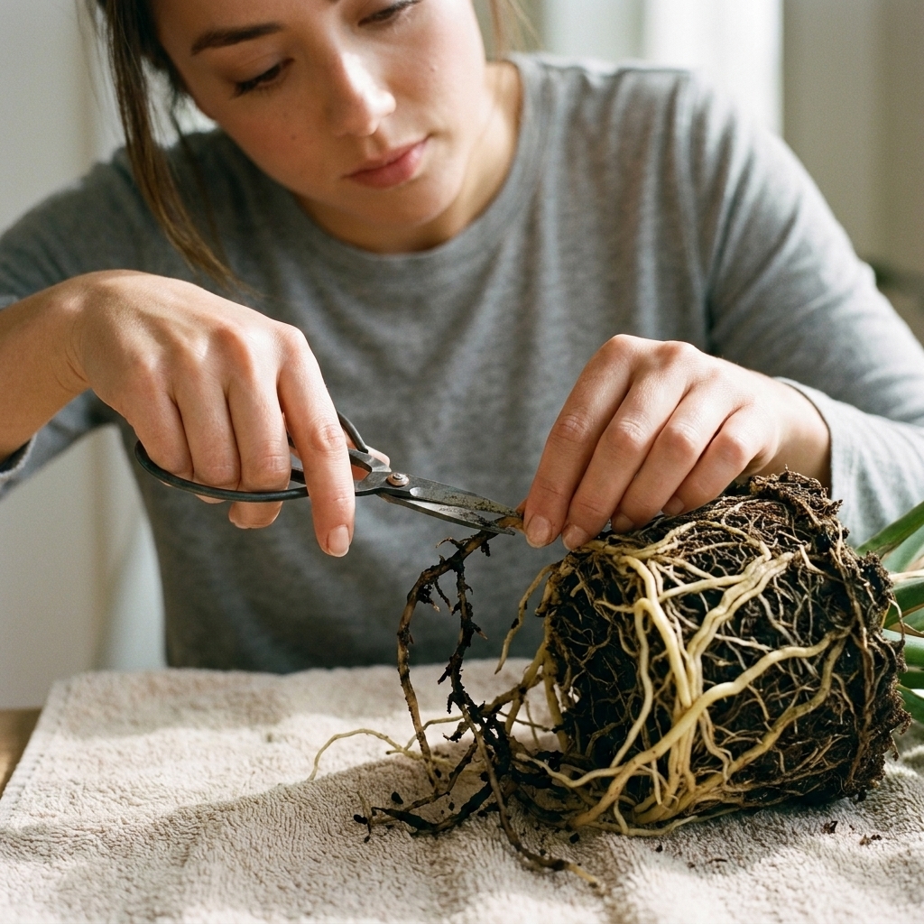 Close-up photo of clean scissors trimming dark, mushy roots from a houseplant root system on a towel, with healthy pale roots visible nearby