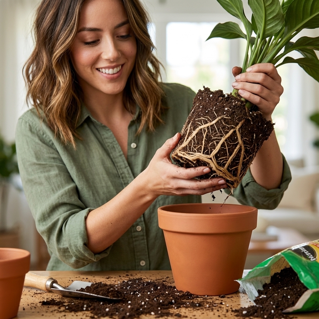 Hands holding a houseplant root ball above a pot, showing firm light-colored roots while repotting on a table