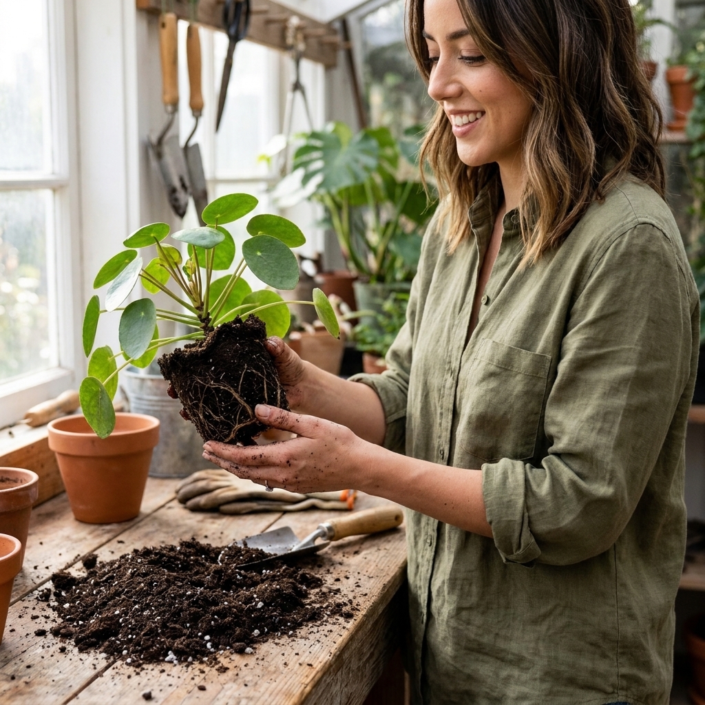 Hands holding a small houseplant with exposed roots over a potting bench, showing trimmed dark roots and fresh potting mix nearby