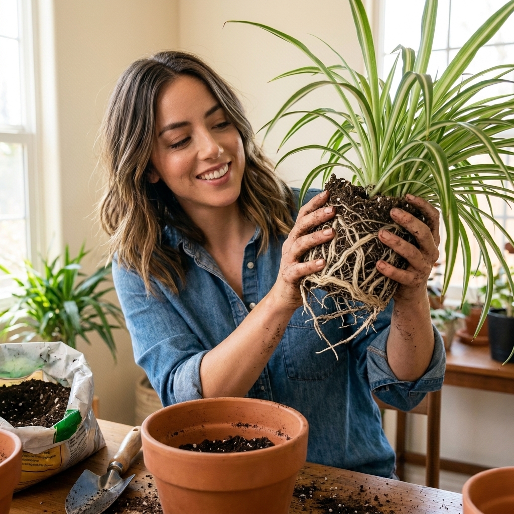 Hands holding a spider plant root ball above a pot, showing healthy white roots during an indoor repotting