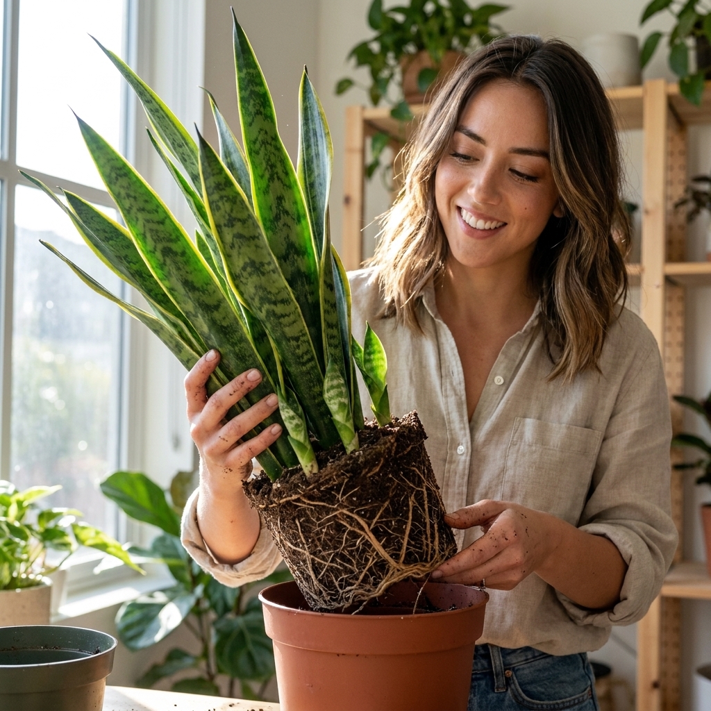 Hands lifting a snake plant from a nursery pot to reveal thick roots and multiple pups near a bright window