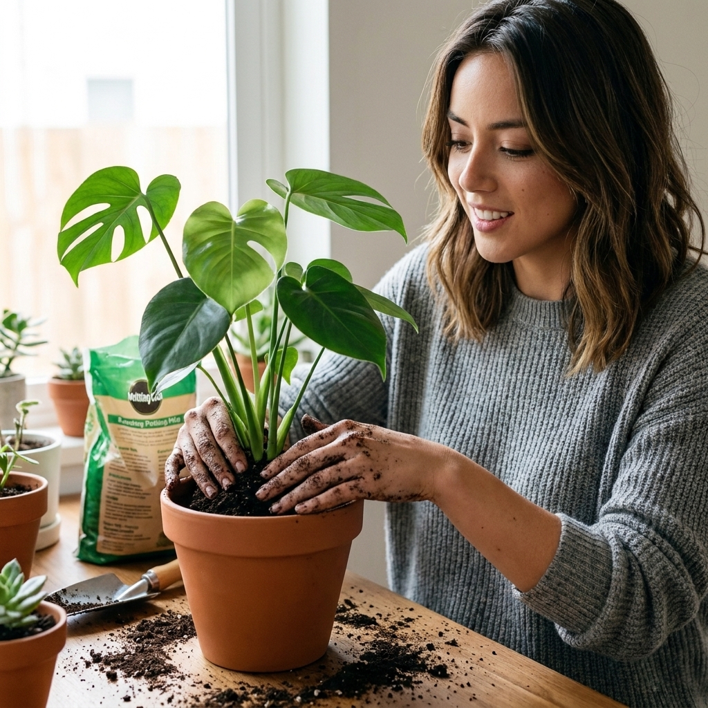 Hands repotting a leafy houseplant into a slightly larger pot with fresh potting mix on a tabletop