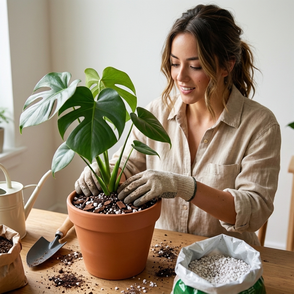 Hands repotting a leafy indoor plant into fresh chunky potting mix with perlite on a tabletop