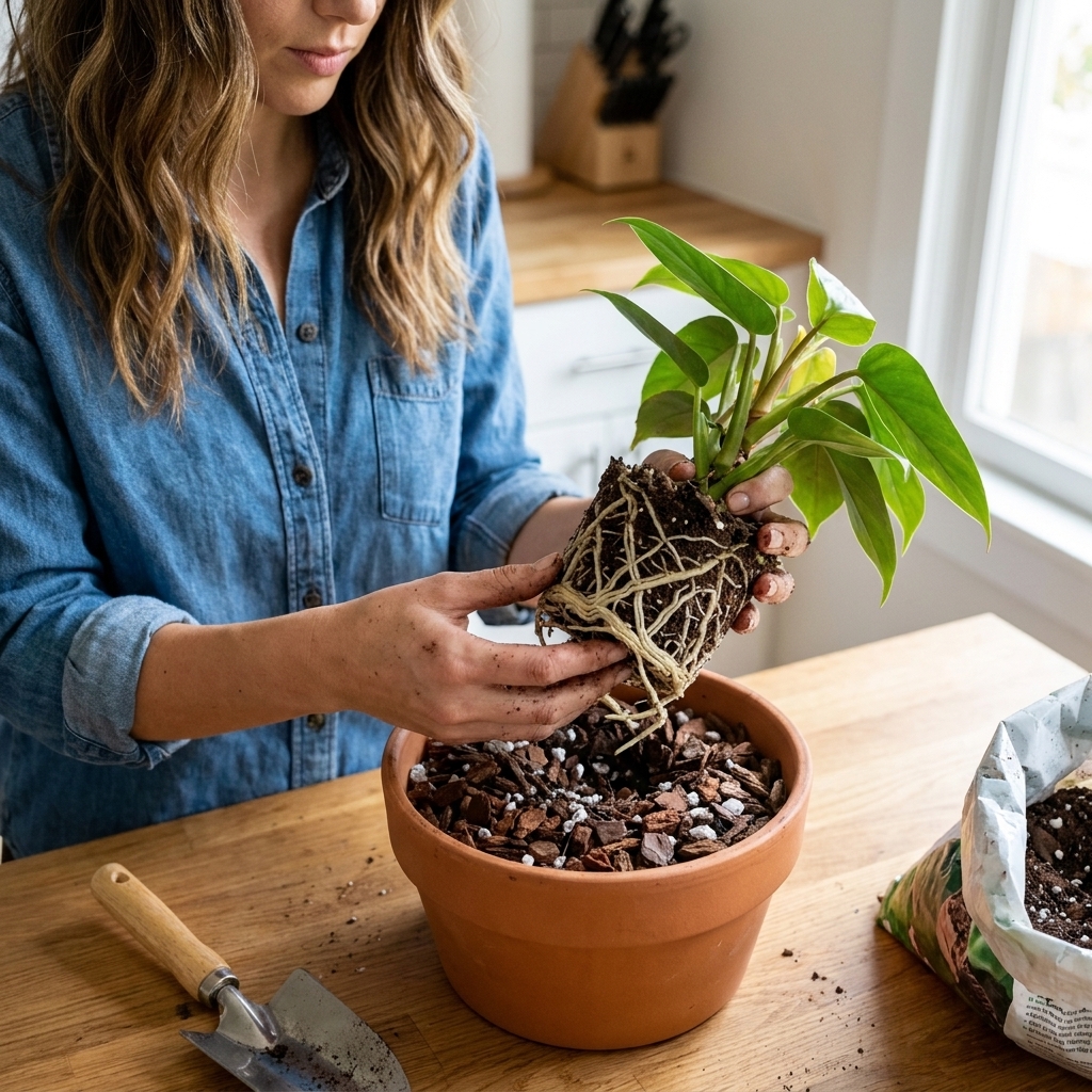 Hands repotting a philodendron with healthy white roots into a pot filled with chunky bark and perlite mix on a kitchen table