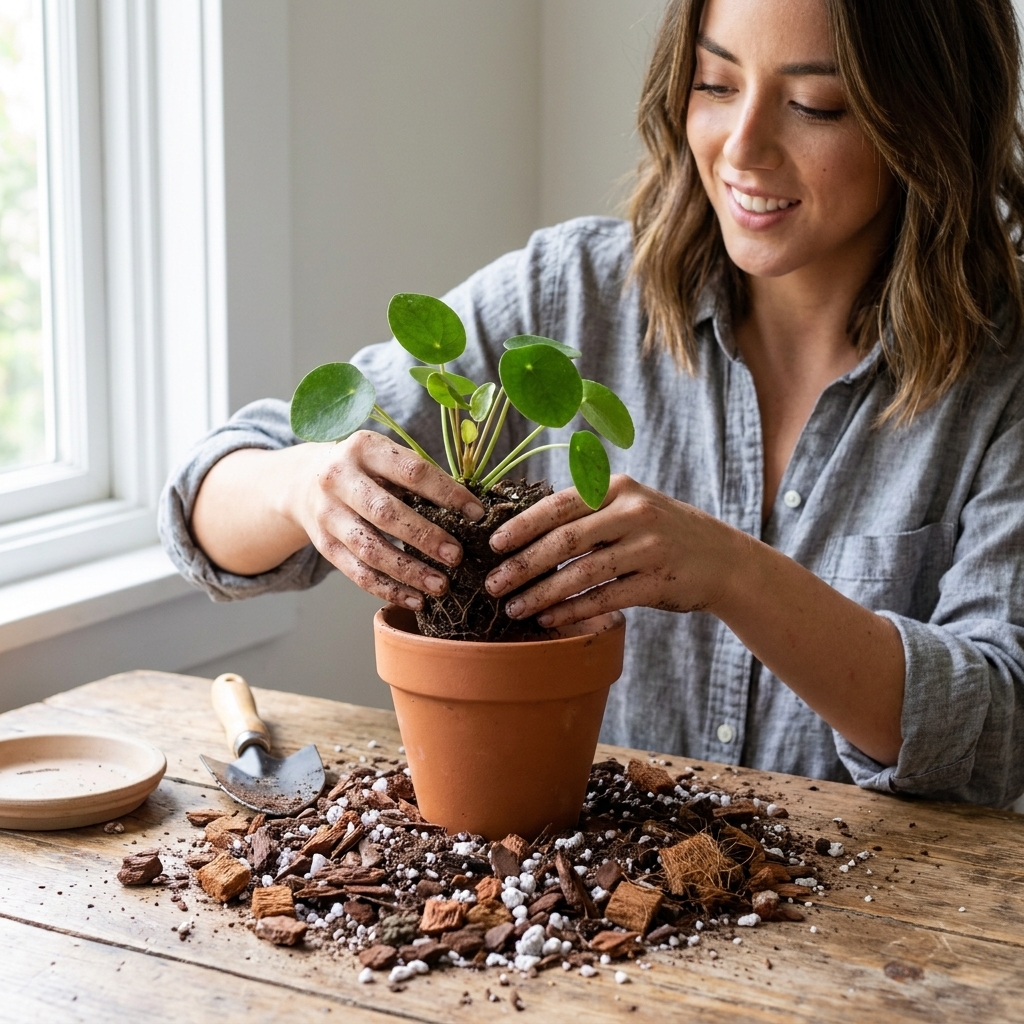 Hands repotting a small houseplant into a terracotta pot with fresh, chunky potting mix on a tabletop