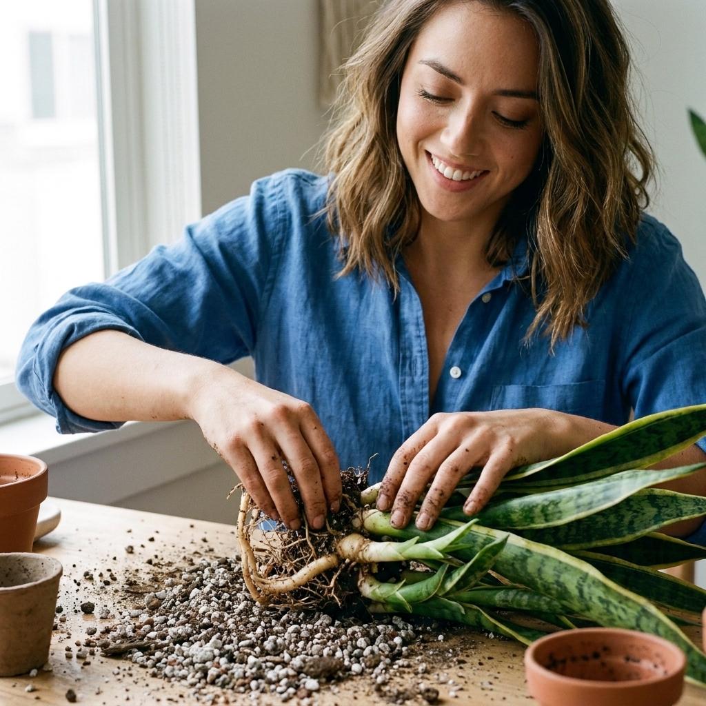 Hands separating a snake plant clump to show firm rhizomes and distinct growth points on a wooden table with loose gritty soil nearby