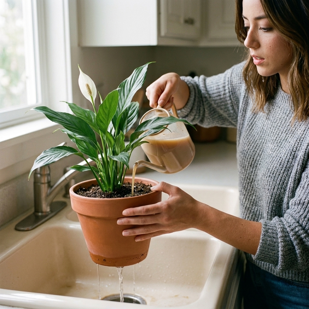 Hands watering a peace lily with diluted liquid fertilizer over a sink while the pot drains through the bottom