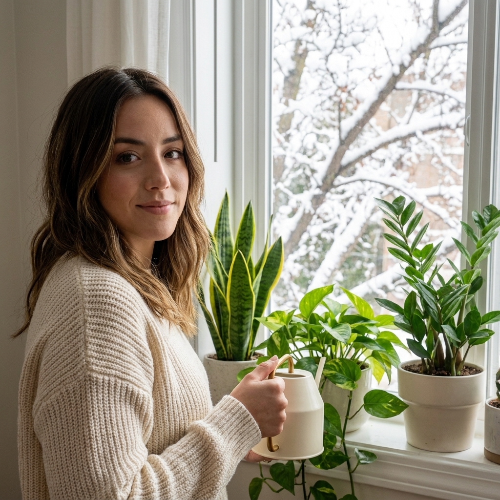 Several common houseplants grouped near a window on a winter day with soft natural light and a calm indoor setting