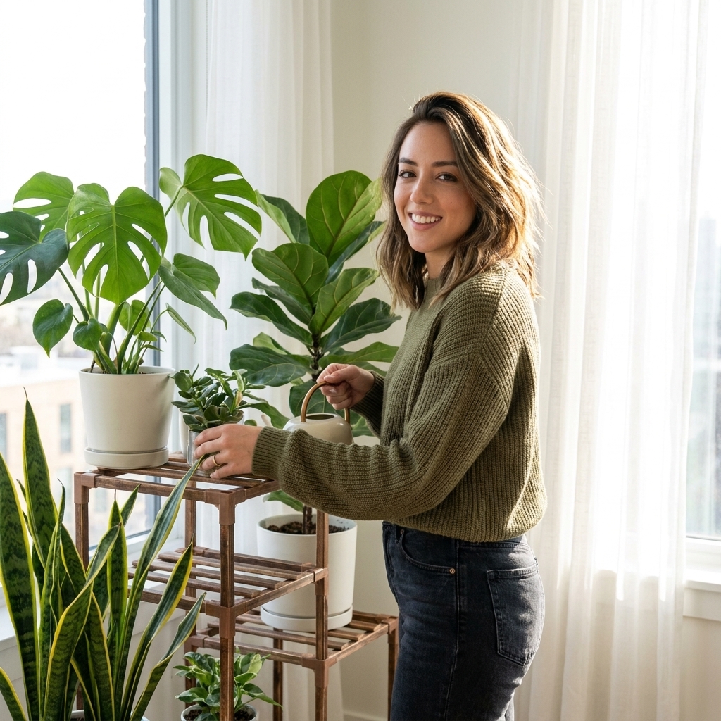 Several healthy houseplants arranged on a wooden stand near a bright apartment window with sheer curtains
