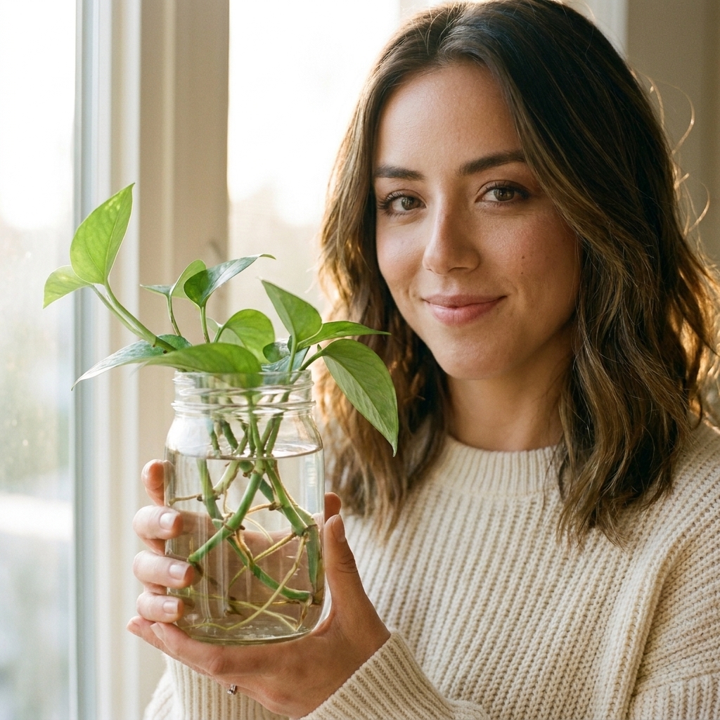 Several pothos stem cuttings standing upright in a clear glass jar with nodes submerged and leaves kept above the waterline