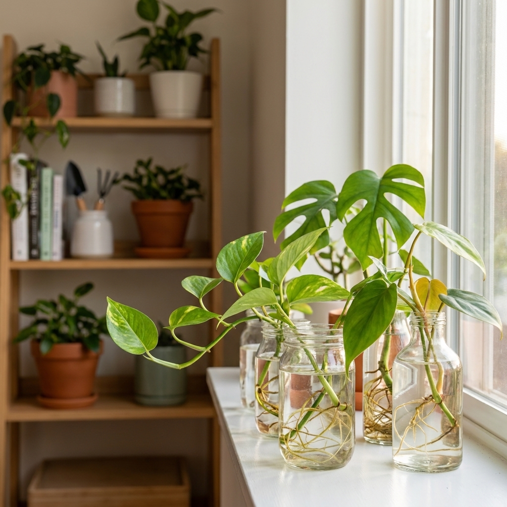 Several small glass jars holding different houseplant cuttings on a bright indoor windowsill, with soft morning light and a tidy plant shelf in the background