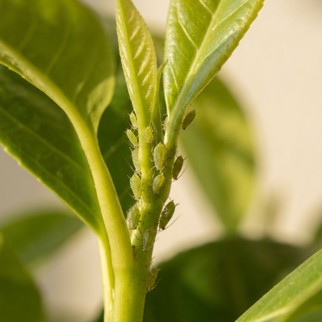 Several small green aphids clustered on a tender houseplant stem near fresh new leaves