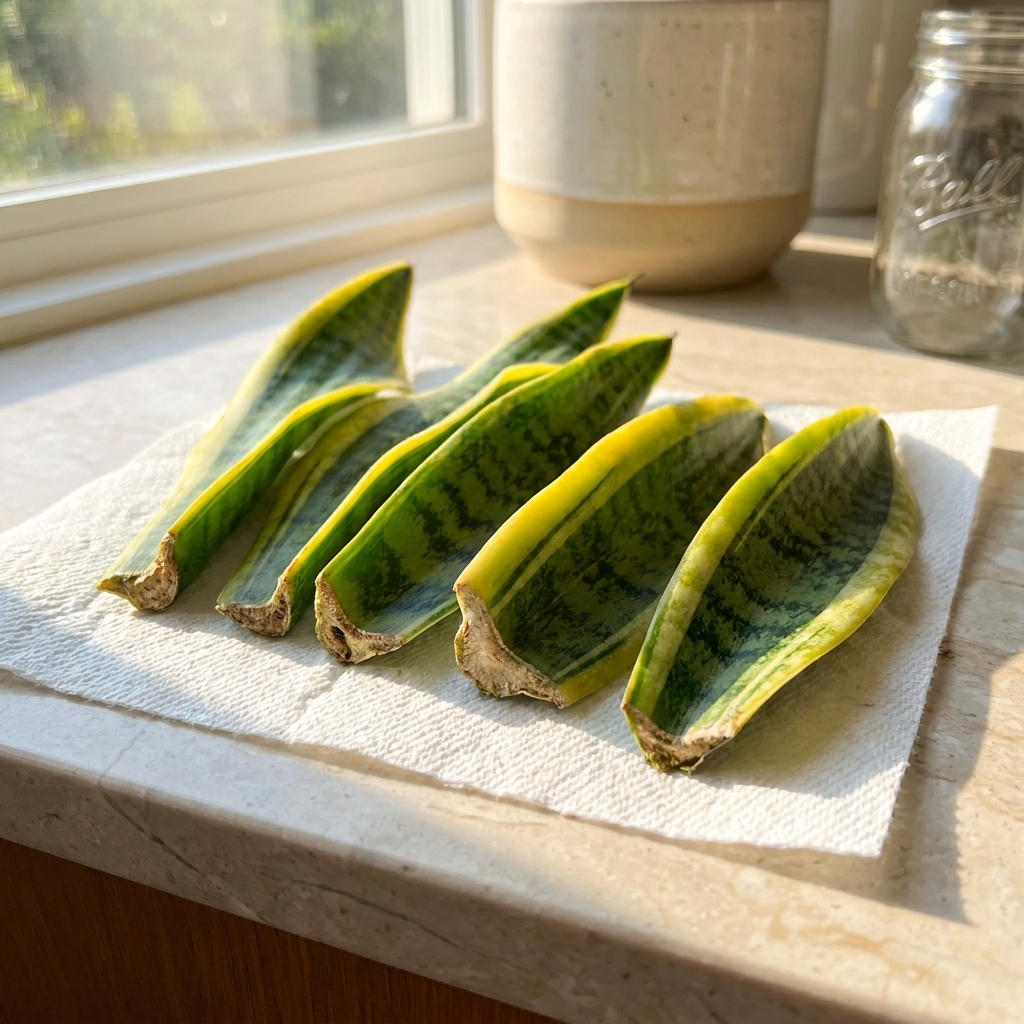 Several snake plant leaf segments drying on a paper towel with cut ends exposed to air on a bright countertop