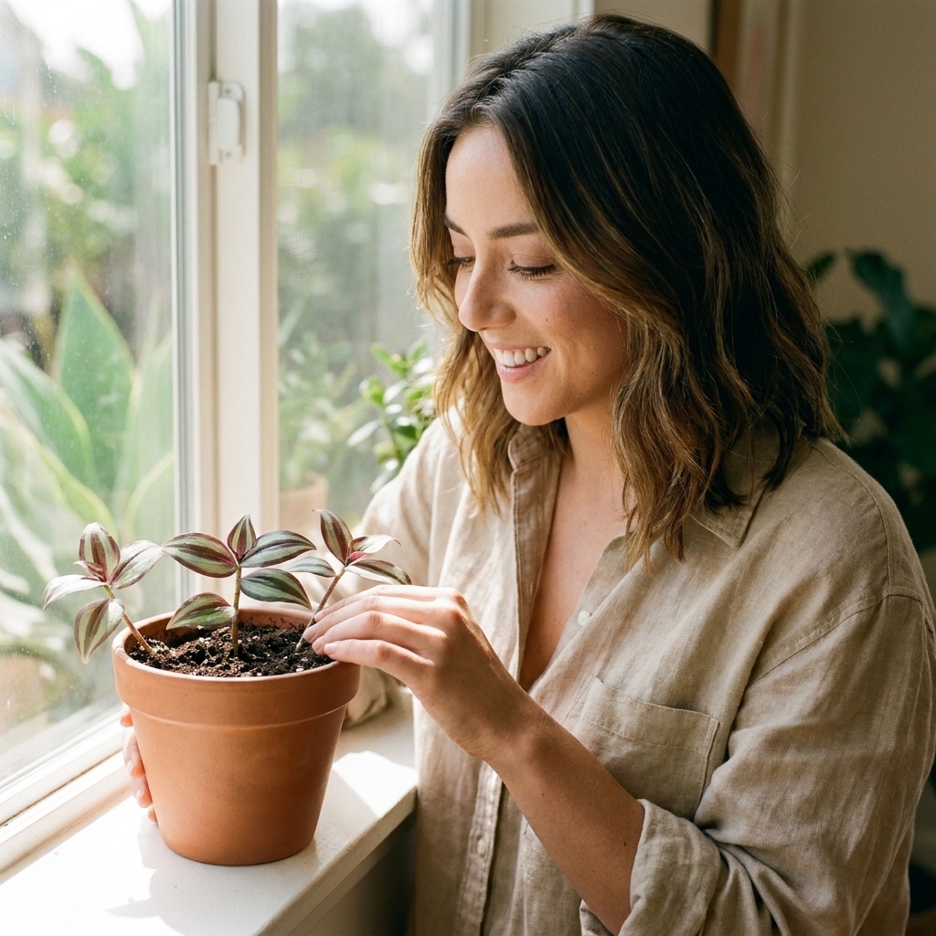 Several tradescantia zebrina cuttings freshly tucked into a small pot of soil on a bright windowsill