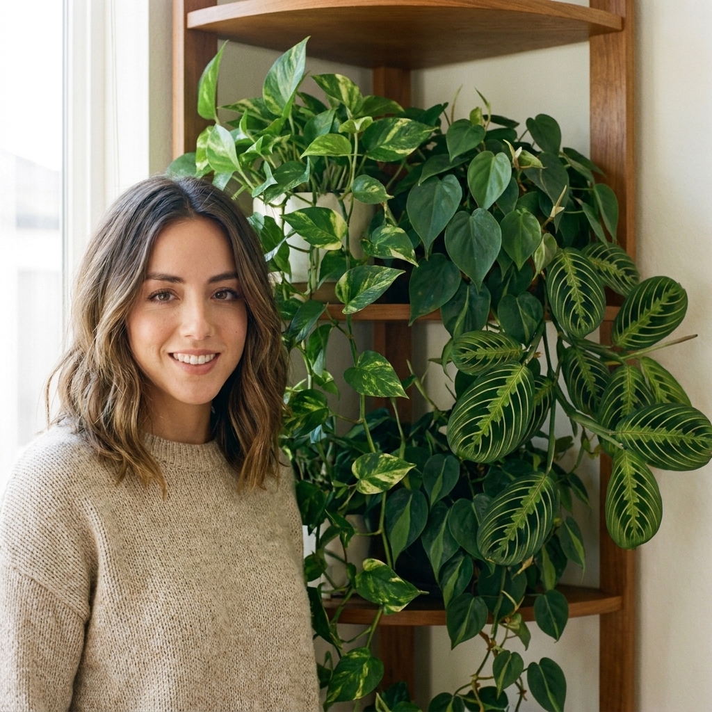 Several tropical houseplants grouped closely together on a corner shelf, including pothos, philodendron, and a prayer plant, creating a lush indoor cluster