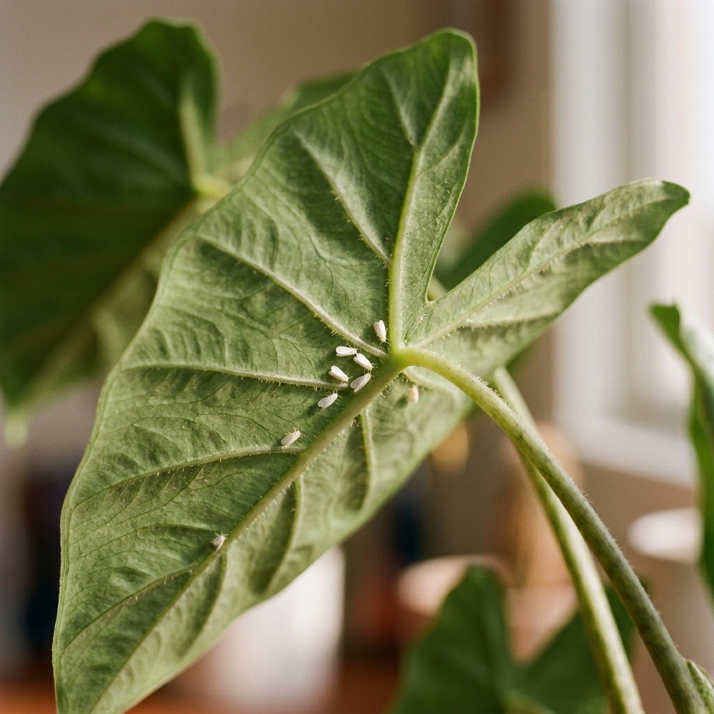 The underside of a houseplant leaf with several tiny whiteflies clustered near the veins