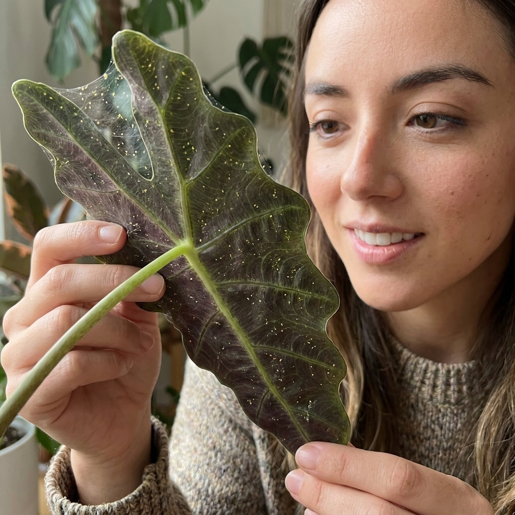 The underside of an Alocasia Polly leaf showing fine webbing and tiny speckled spider mite damage